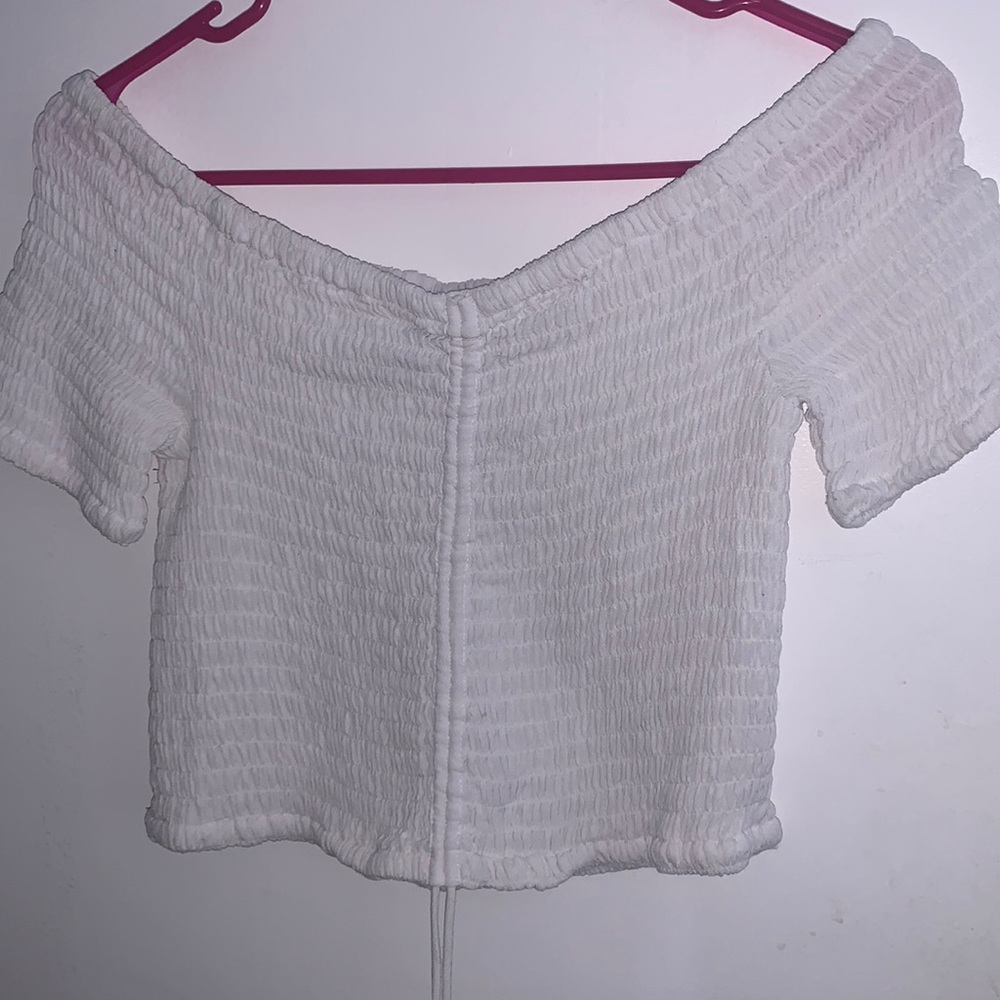 Ribbed Off the Shoulder Cinched Cropped Top